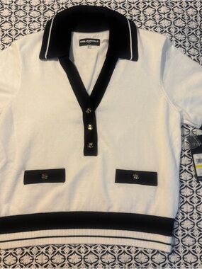 Karl Lagerfeld White Sweater with Black Trim Polo V-Neck